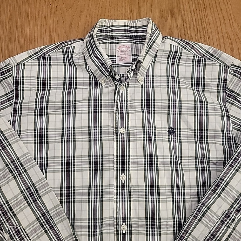 Brooks Brothers Shirt Men's Medium Madison Green Plaid Non Iron Supima OCBD